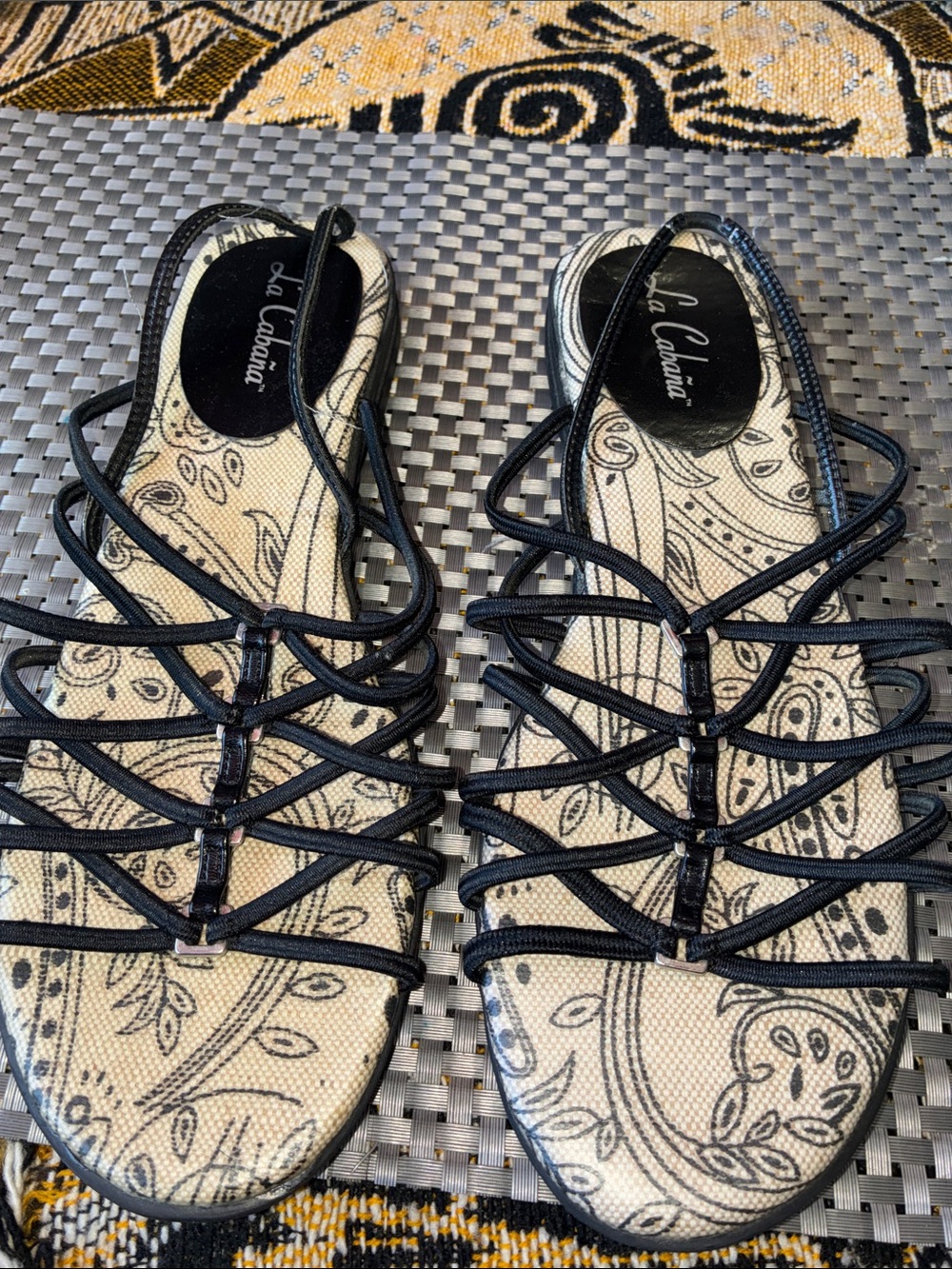 La Castaña Black Strappy Patterned Footbed Sandals